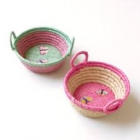 Mini Round Raffia Basket Embroidered Butterflies Rice DK